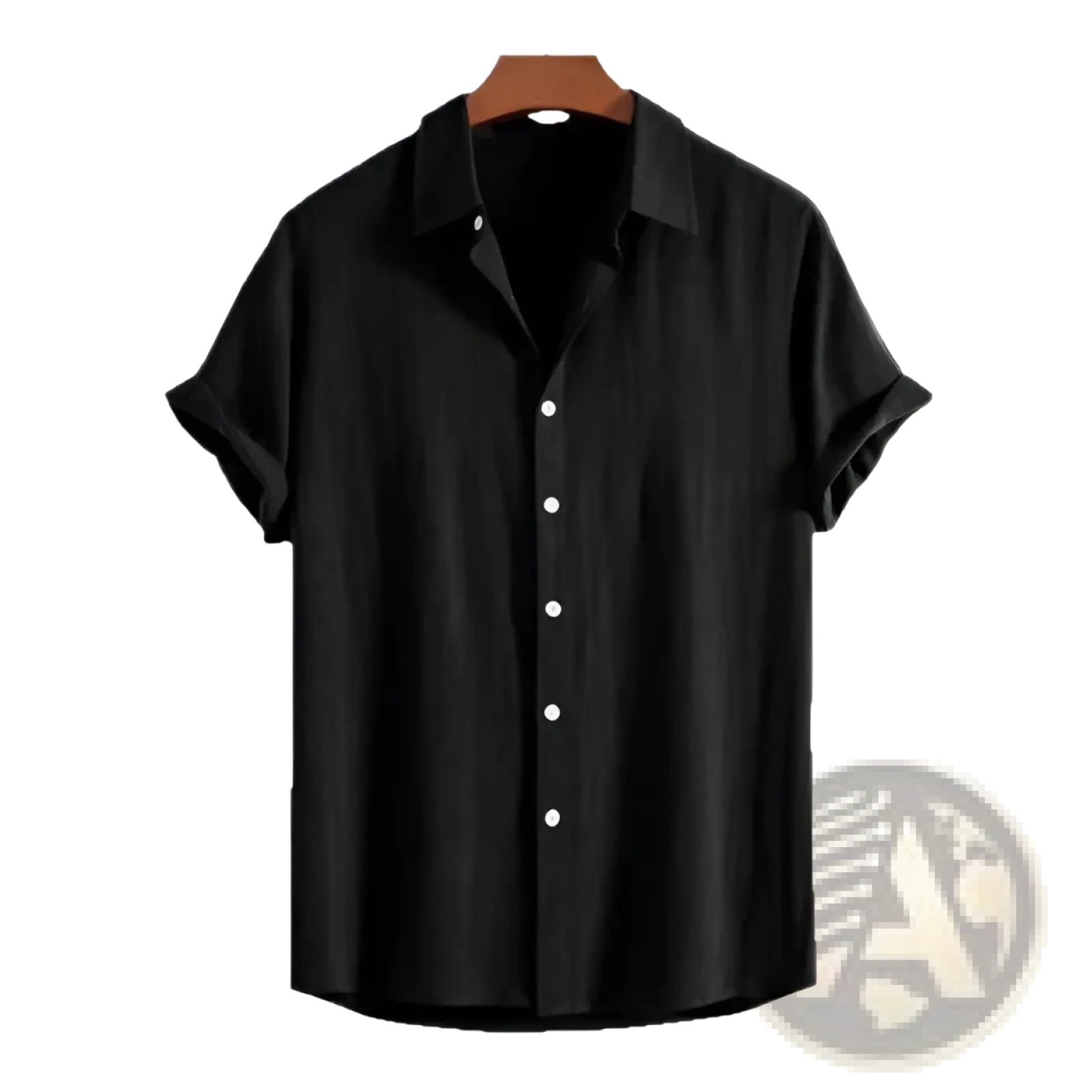 Black short-sleeved cotton linen beach shirt with white buttons and collar displayed on a wooden hanger