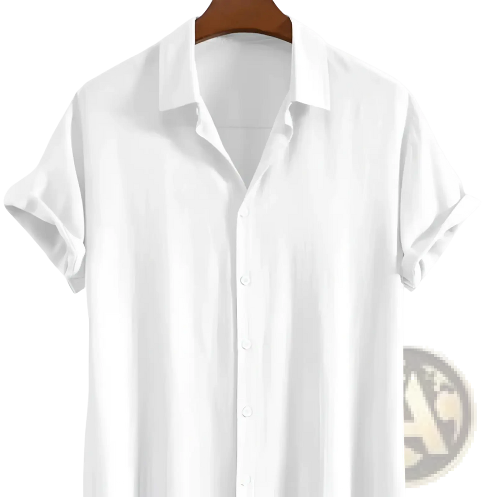 Men cotton linen beach shirt in white with short sleeves, classic collar, and neatly rolled cuffs for a casual loose fit