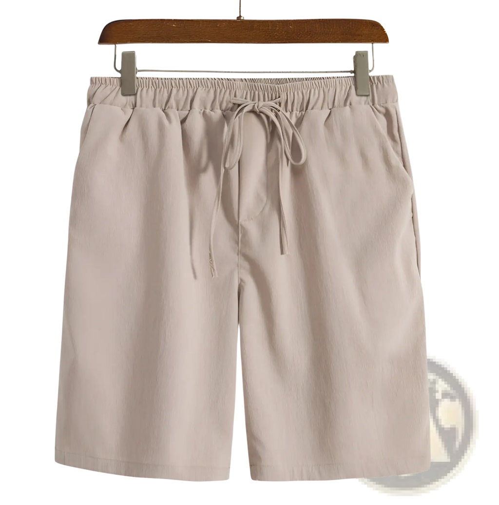 Beige men cotton linen beach shorts with elastic waistband and matching drawstring for comfortable summer wear