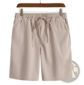 Beige men cotton linen beach shorts with elastic waistband and matching drawstring for comfortable summer wear