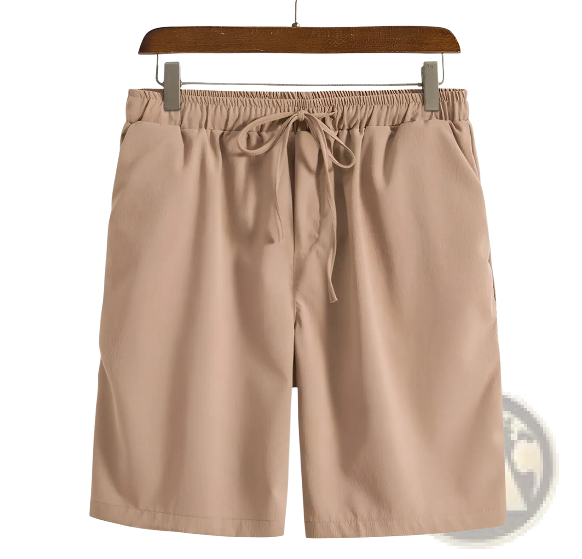 Beige men cotton linen beach shorts with elastic waistband and matching drawstring for comfortable wear