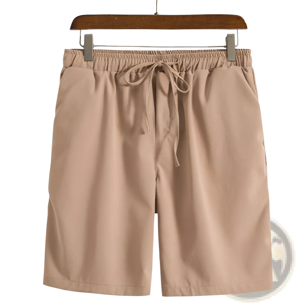 Beige men cotton linen beach shorts with elastic waistband and matching drawstring for comfortable wear