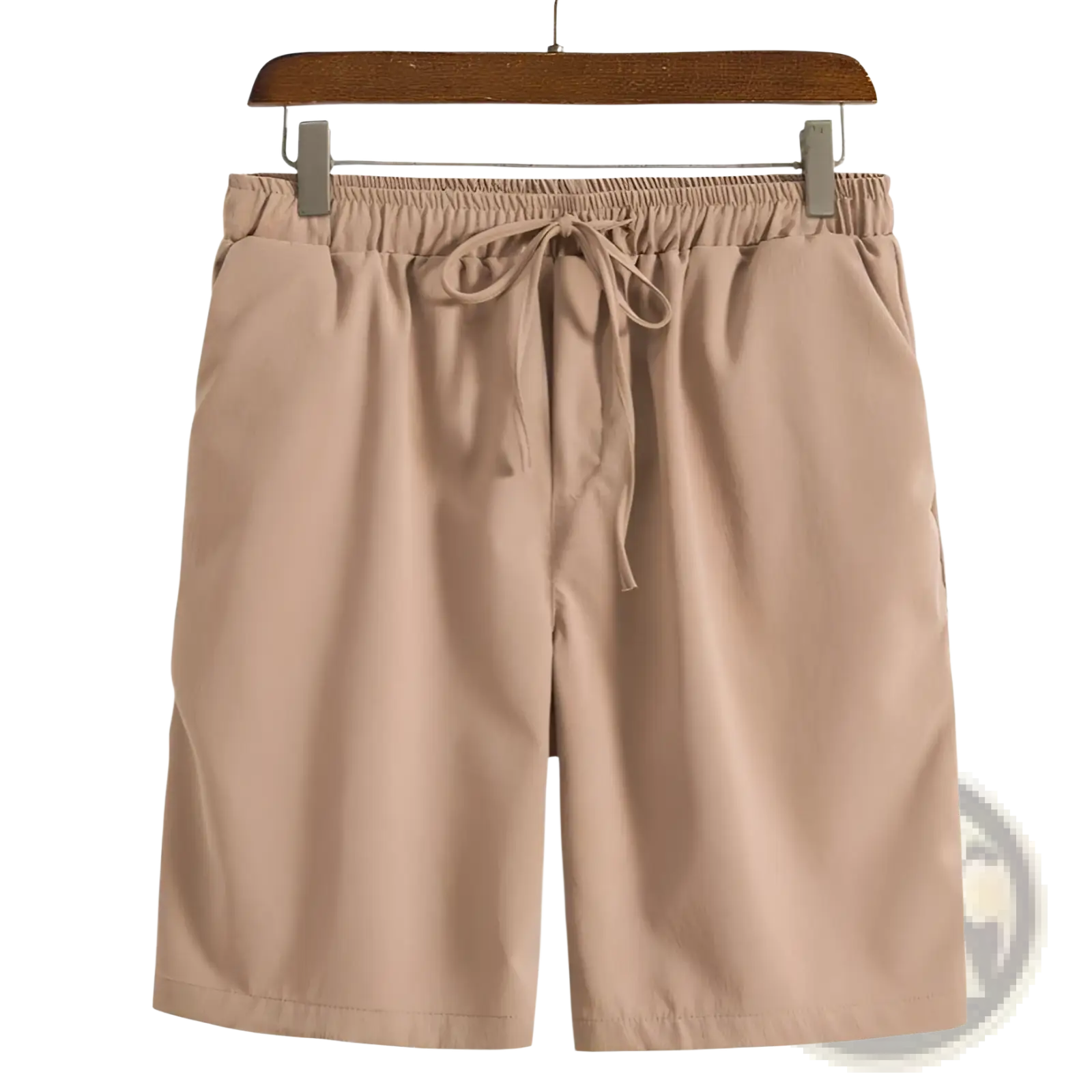 Beige men cotton linen beach shorts with elastic waistband and matching drawstring for comfortable wear