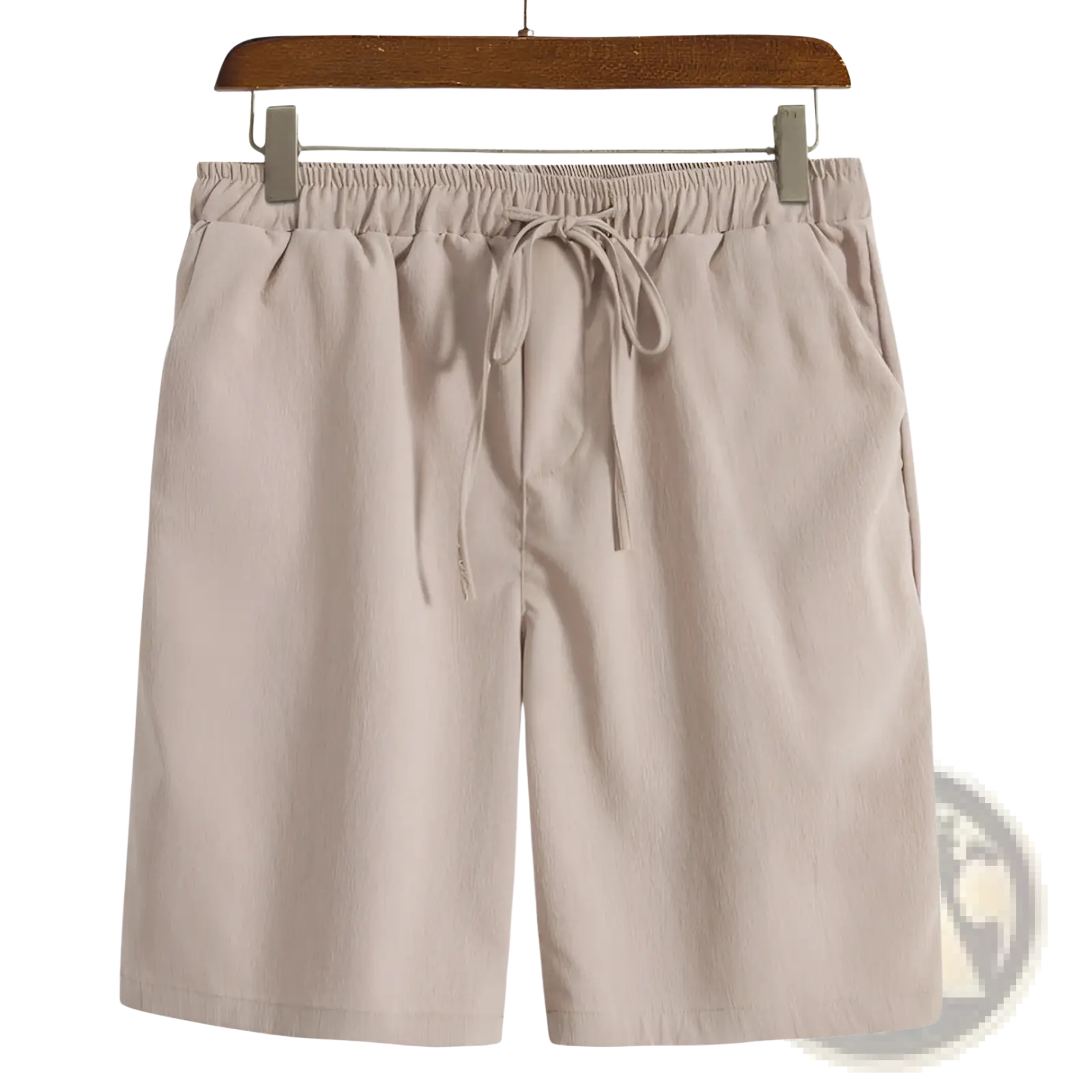 Beige men cotton linen beach shorts featuring an elastic waistband and matching drawstring for comfort