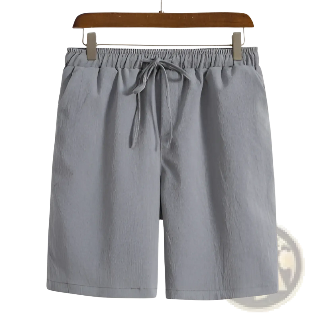 Gray cotton linen men beach shorts with elastic waistband and matching drawstring for casual summer wear