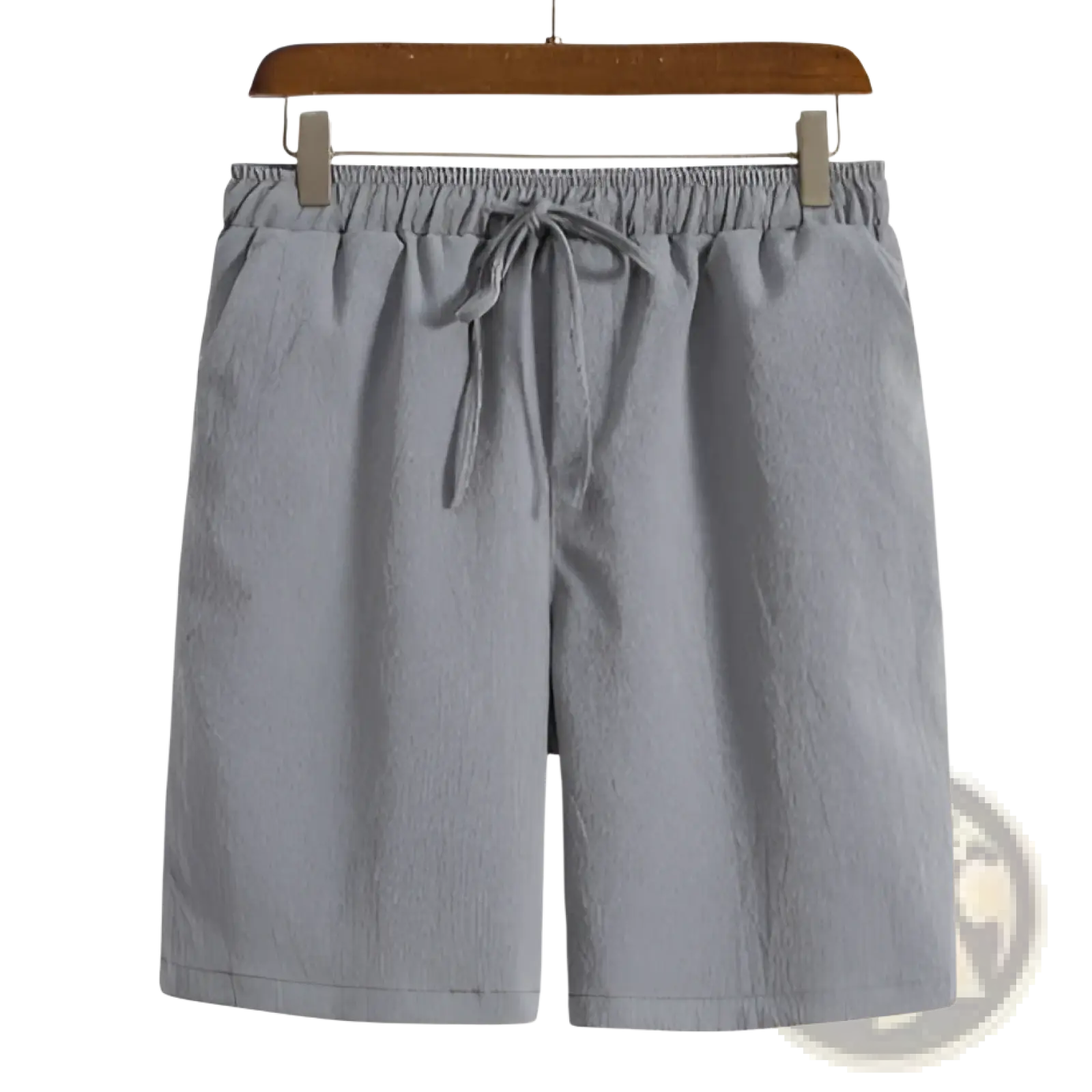 Gray cotton linen men beach shorts with elastic waistband and matching drawstring for casual summer wear
