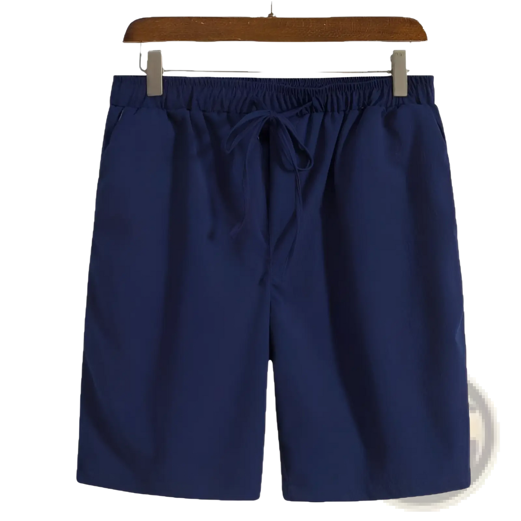 Men cotton linen beach shorts in navy blue with an elastic waistband and drawstring for comfortable wear
