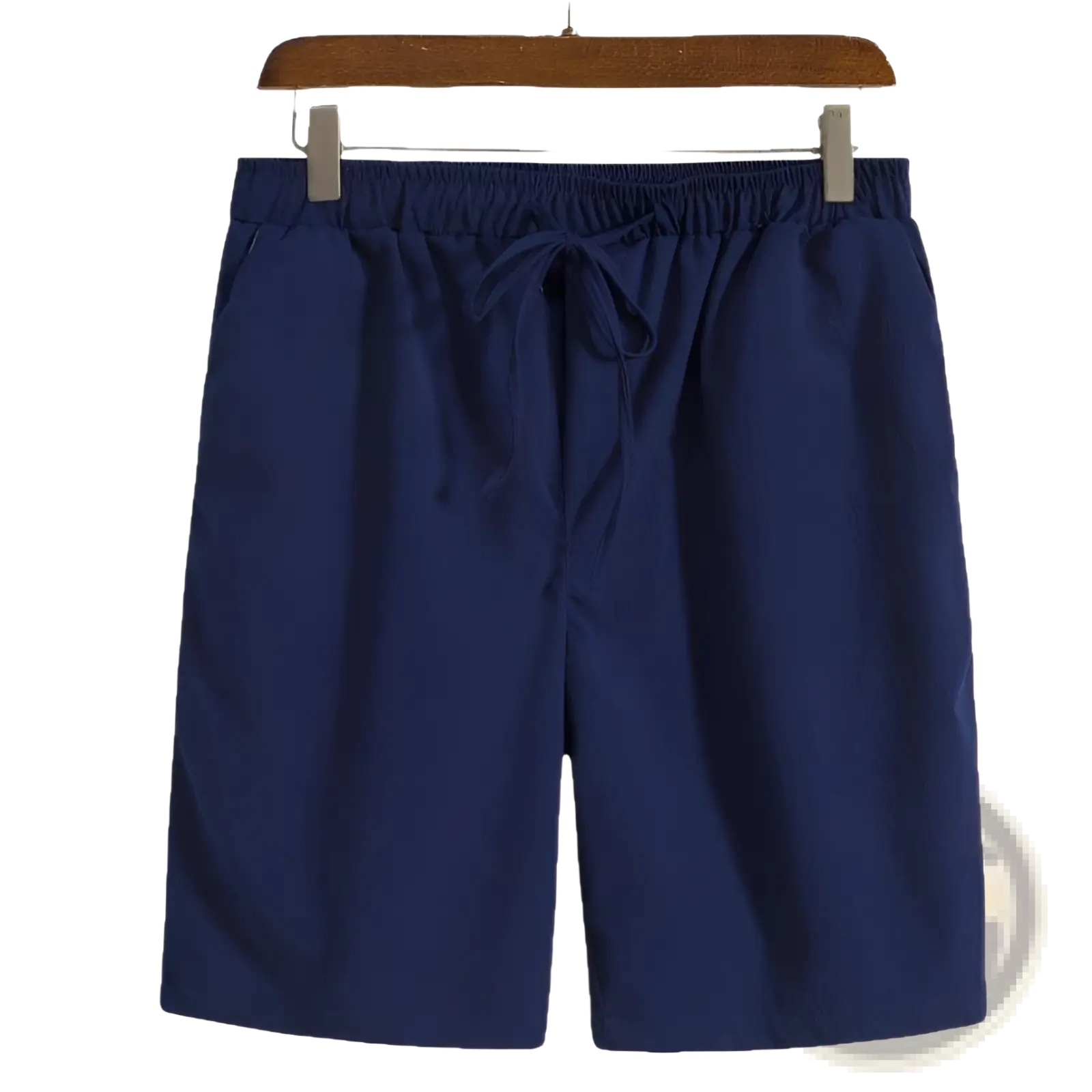 Men cotton linen beach shorts in navy blue with an elastic waistband and drawstring for comfortable wear