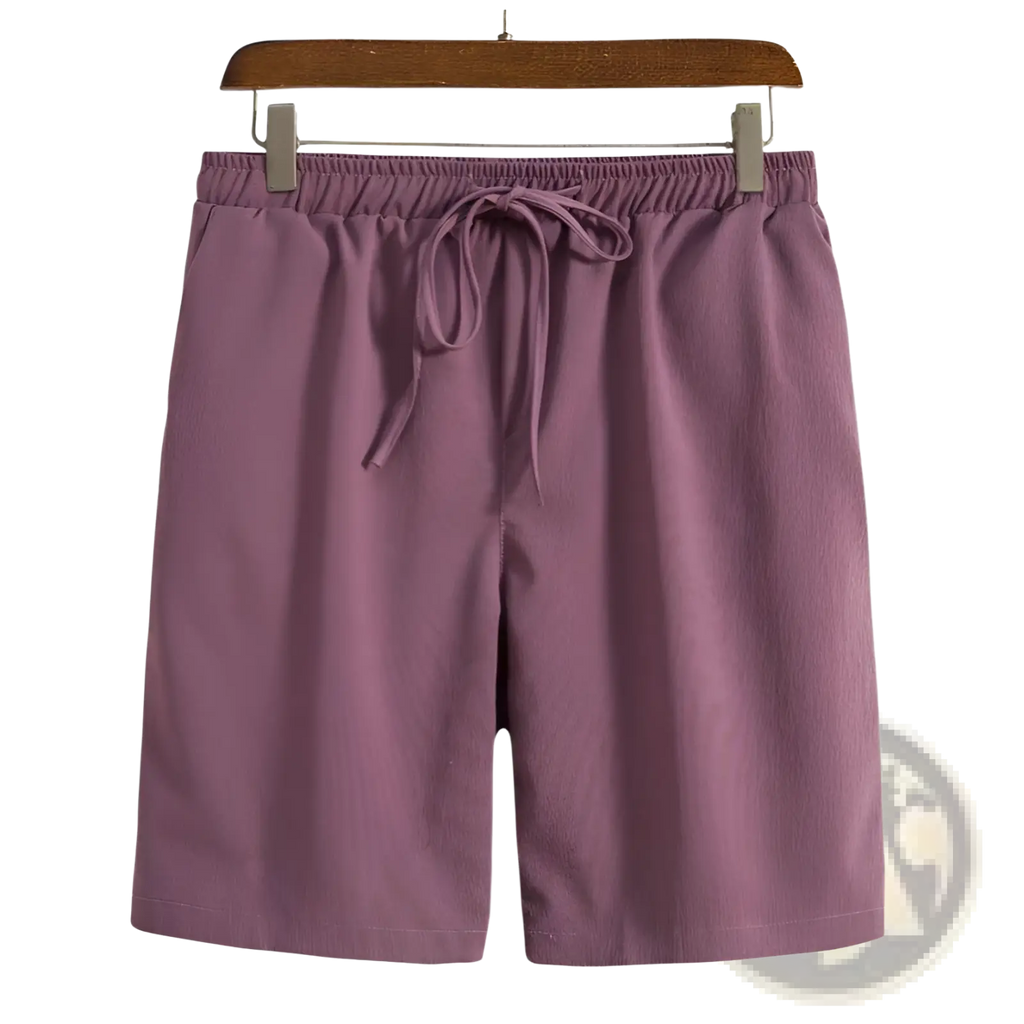 Men cotton linen beach shorts in purple with elastic waistband and matching drawstring for comfortable wear
