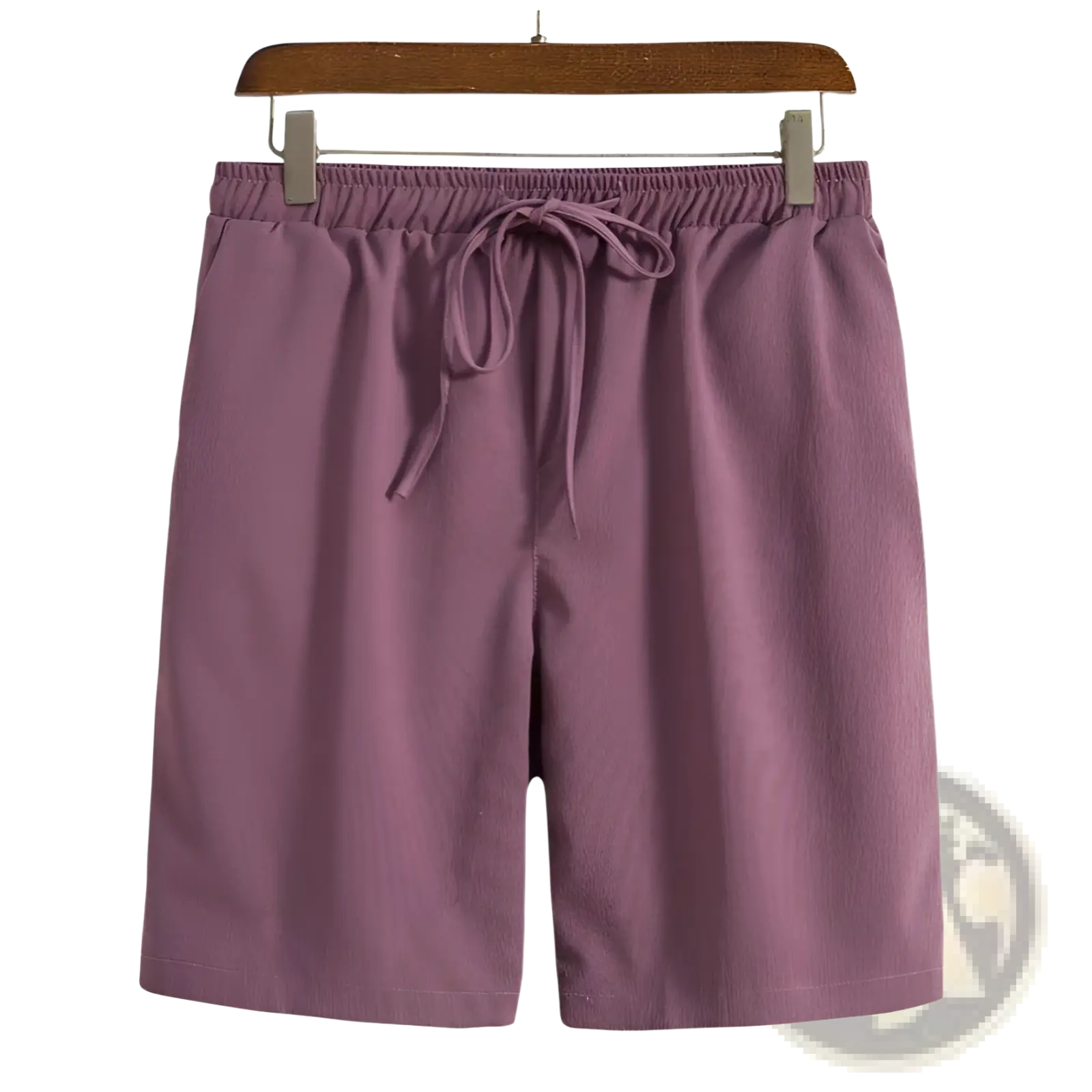 Men cotton linen beach shorts in purple with elastic waistband and matching drawstring for comfortable wear