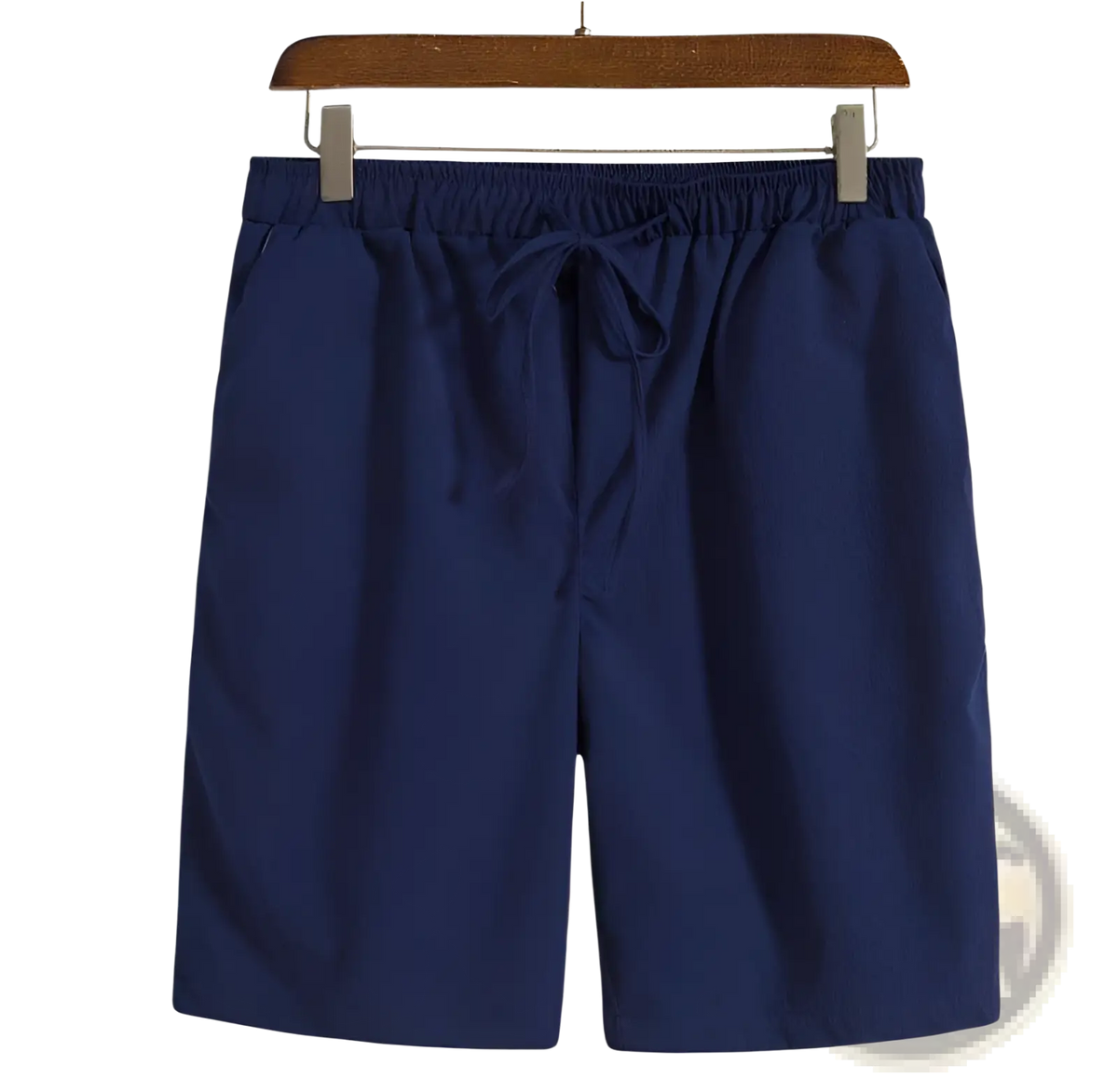 Men cotton linen beach shorts in navy blue cotton with elastic waistband and drawstring for comfortable fit