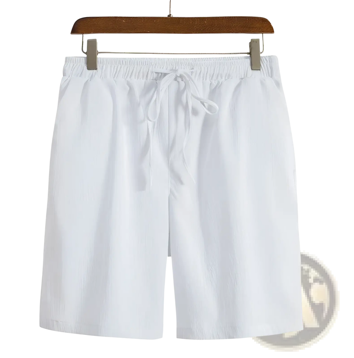 Men cotton linen beach shorts in white with elastic waistband and matching drawstring for casual summer wear