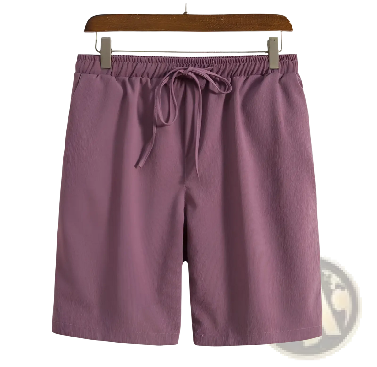 Men cotton linen beach shorts in purple with elastic waistband and matching drawstring for comfortable wear