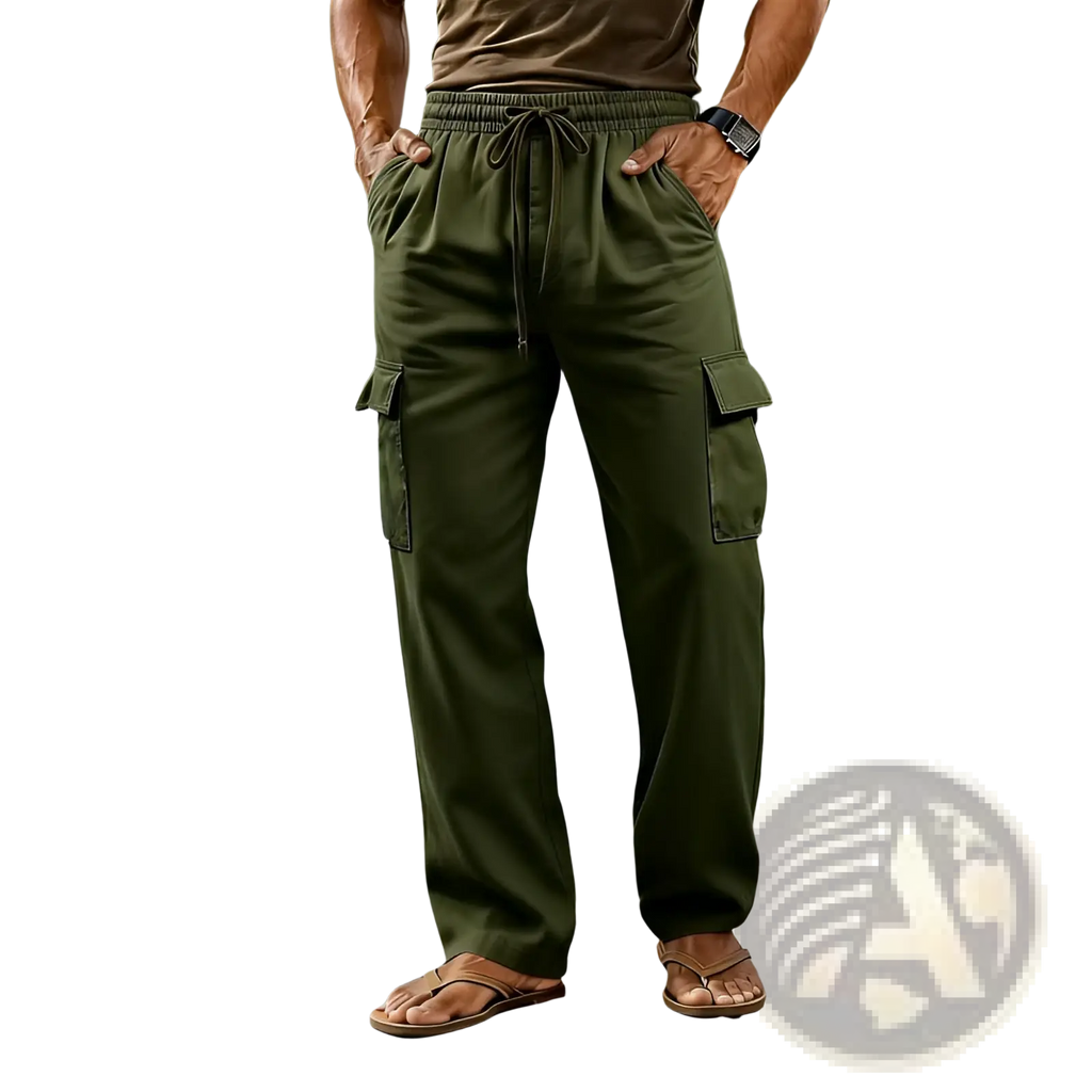 Men cotton linen cargo pants in olive green with drawstring waist and multiple pockets for casual wear
