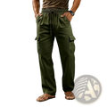 Men cotton linen cargo pants in olive green with drawstring waist and multiple pockets for casual wear
