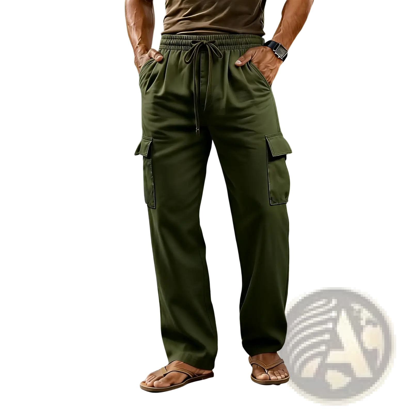 Men cotton linen cargo pants in olive green with drawstring waist and multiple pockets for casual wear
