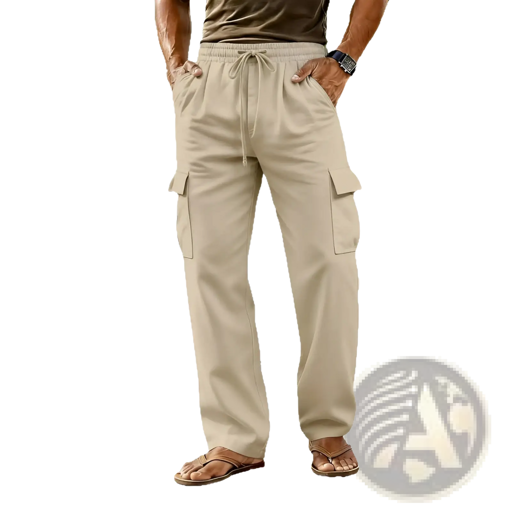 Beige cotton linen cargo pants for men with a drawstring waistband and side pockets for casual wear