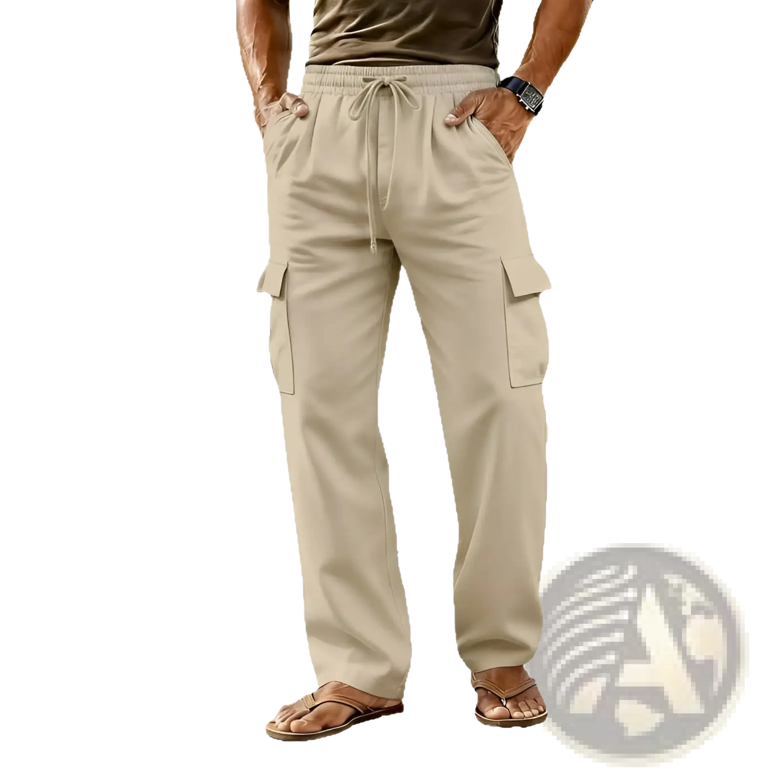 Beige cotton linen cargo pants for men with a drawstring waistband and side pockets for casual wear