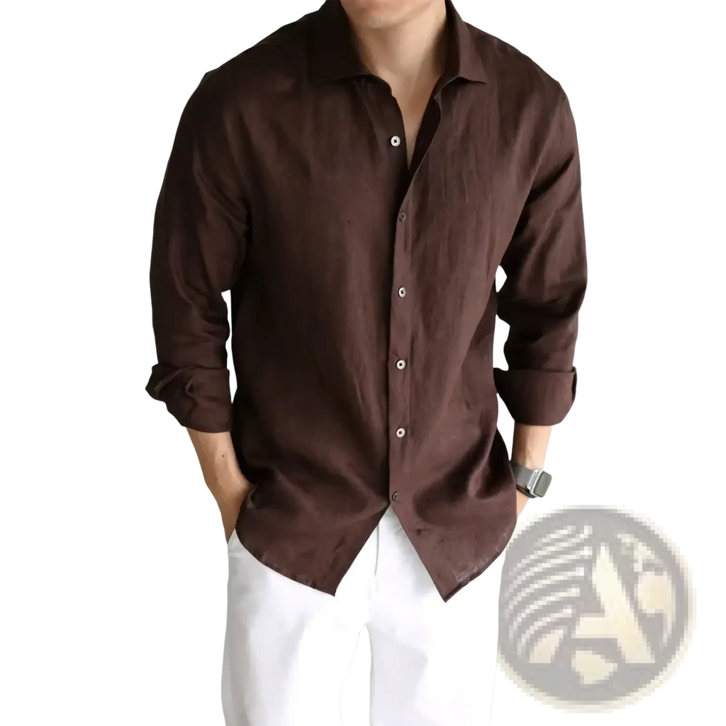 Men cotton linen casual button down shirt in dark brown with long sleeves and lightweight linen fabric with rolled cuffs