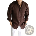 Men cotton linen casual button down shirt in dark brown with long sleeves and lightweight linen fabric with rolled cuffs