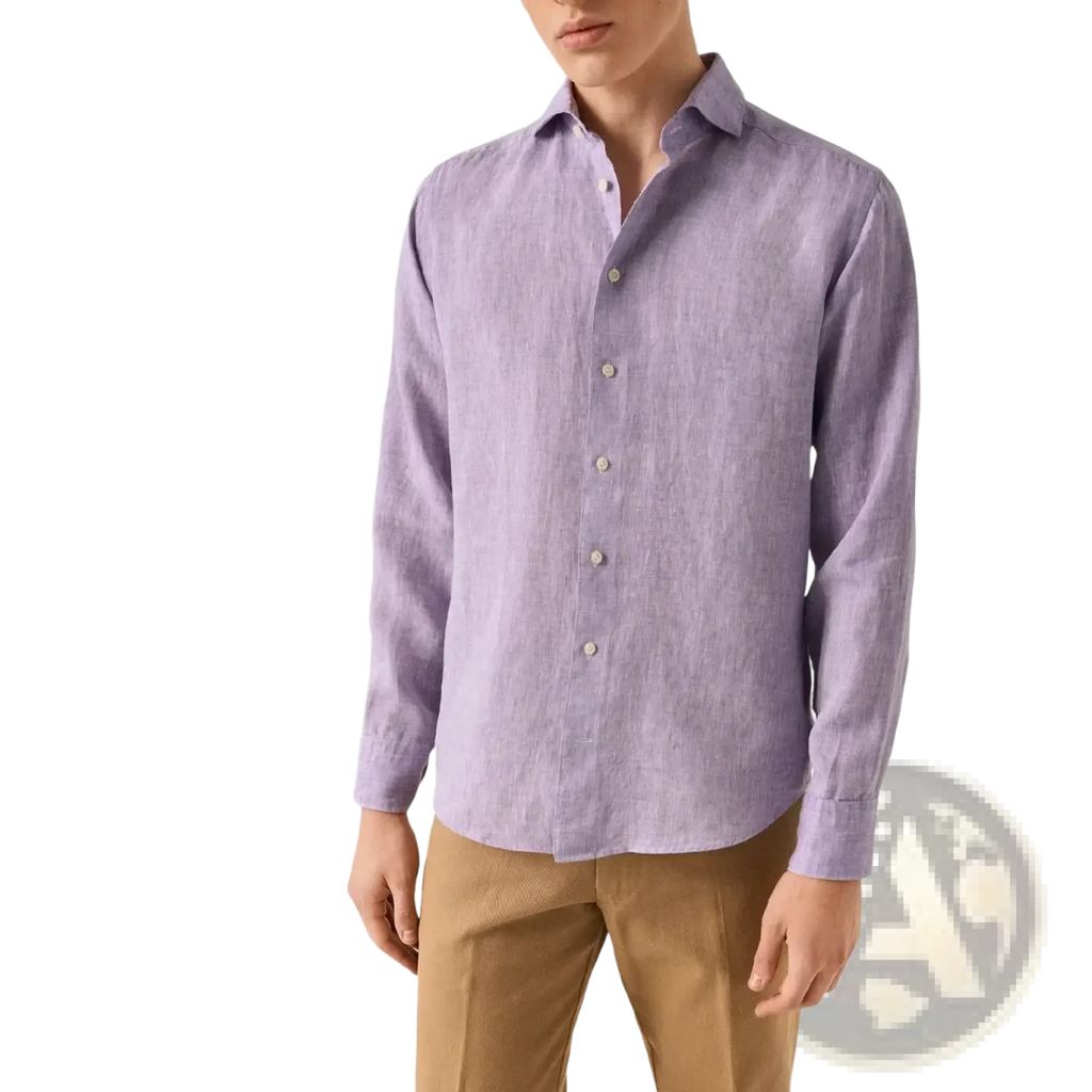 Men cotton linen casual button down shirt in lavender with long sleeves classic collar and button front closure