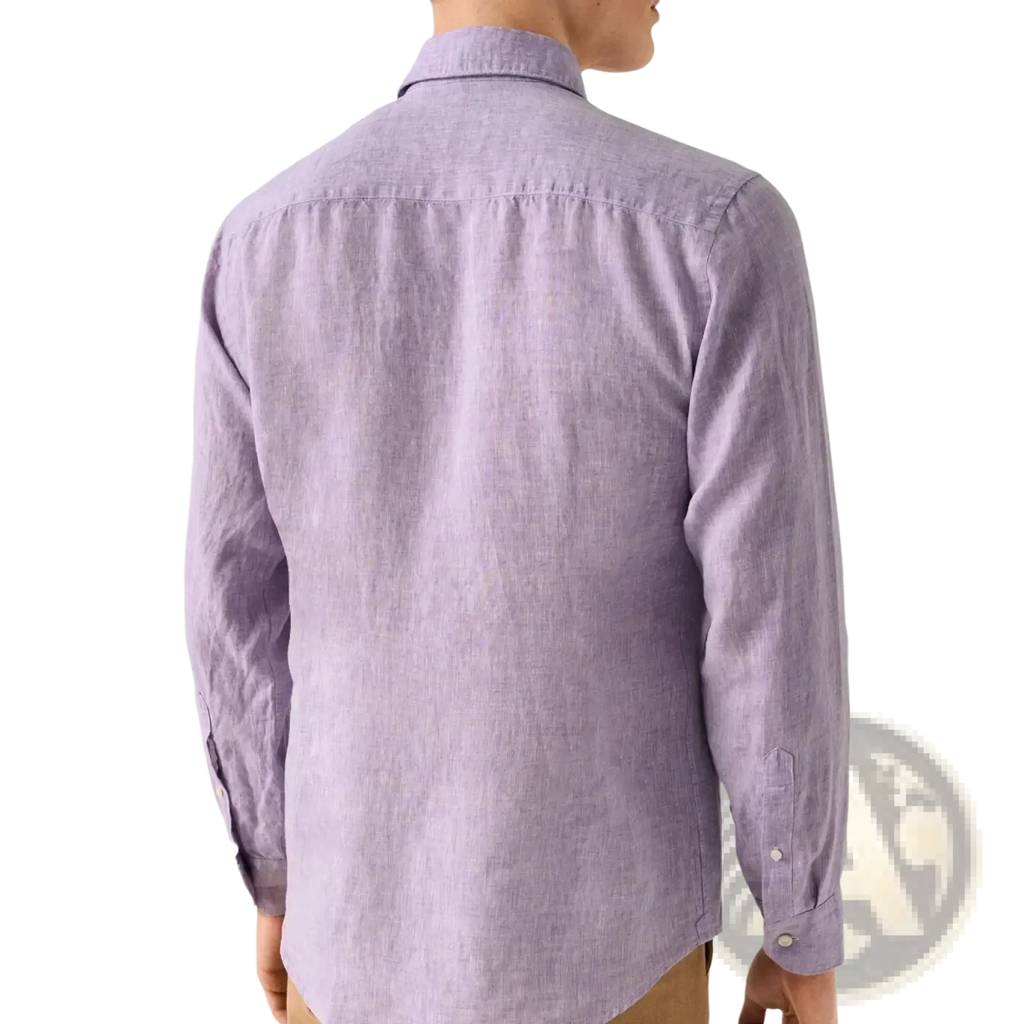 Men cotton linen casual button down shirt in lavender with classic collar buttoned cuffs and subtle texture