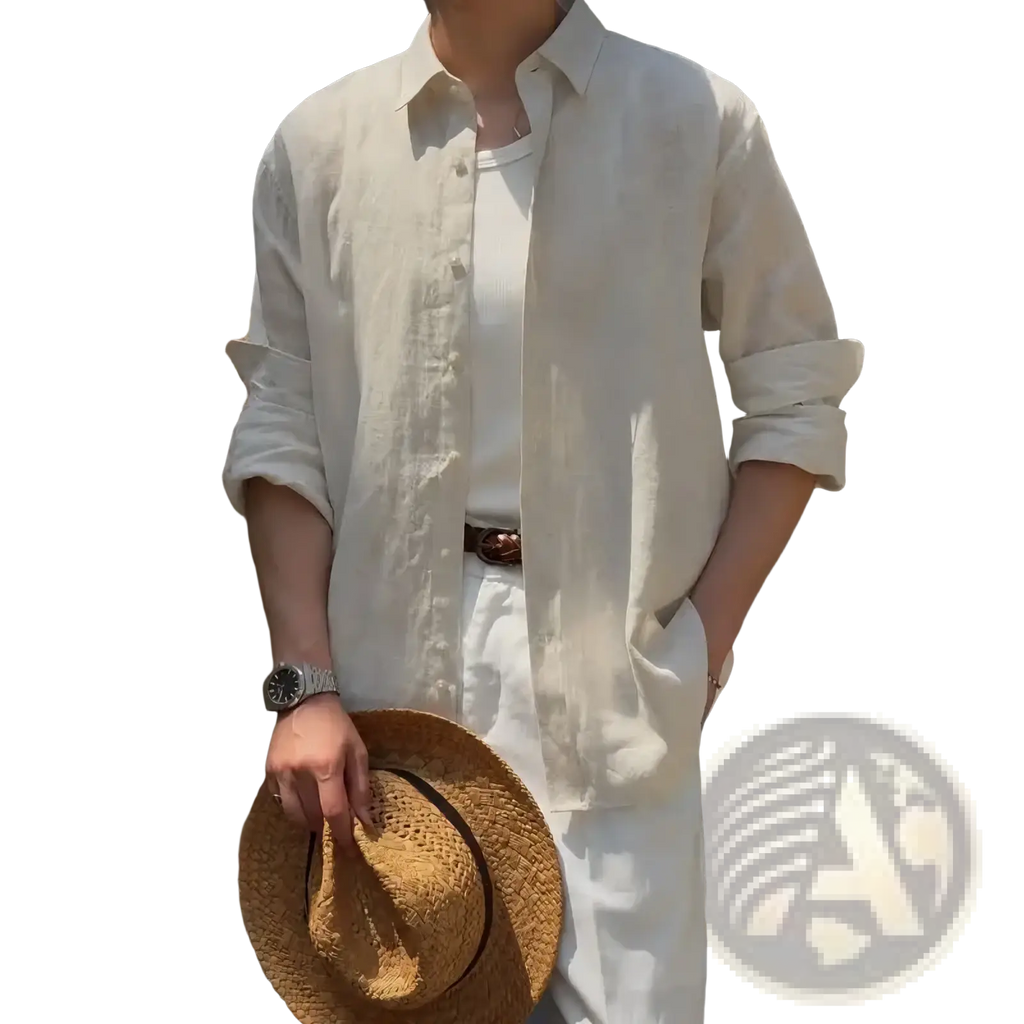 Men cotton linen casual button down shirt in light beige with long sleeves rolled cuffs and button front closure