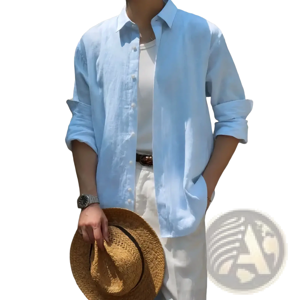 Men cotton linen casual button down shirt in light blue with rolled up sleeves made from breathable fabric