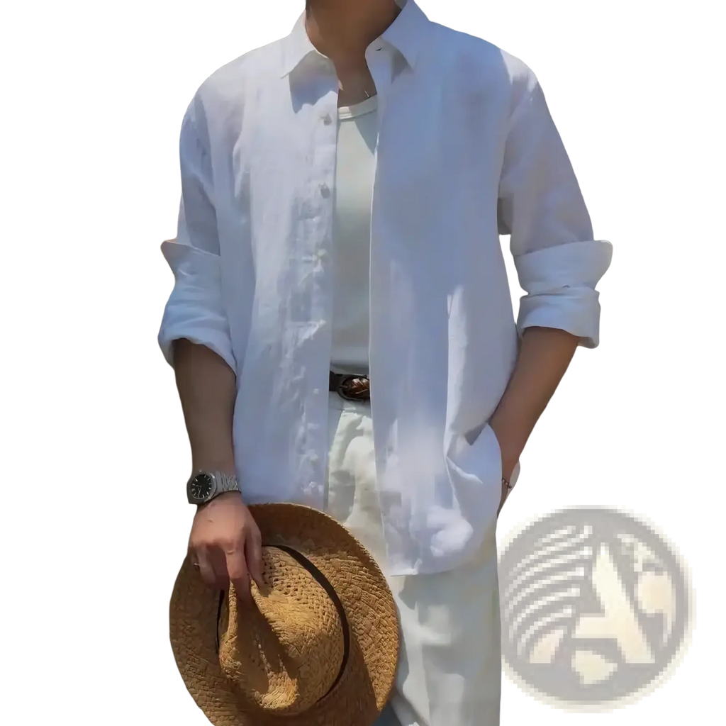 Men cotton linen casual button down shirt in white with rolled sleeves showcasing a breathable fabric design