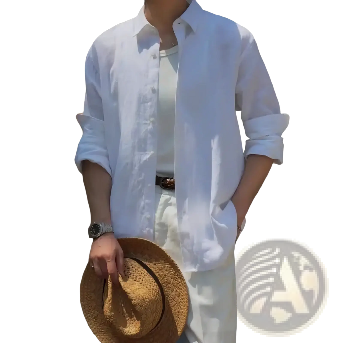 Men cotton linen casual button down shirt in white with rolled sleeves showcasing a breathable fabric design