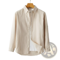Beige men cotton linen casual long sleeve shirt with classic collar and neatly folded cuffs