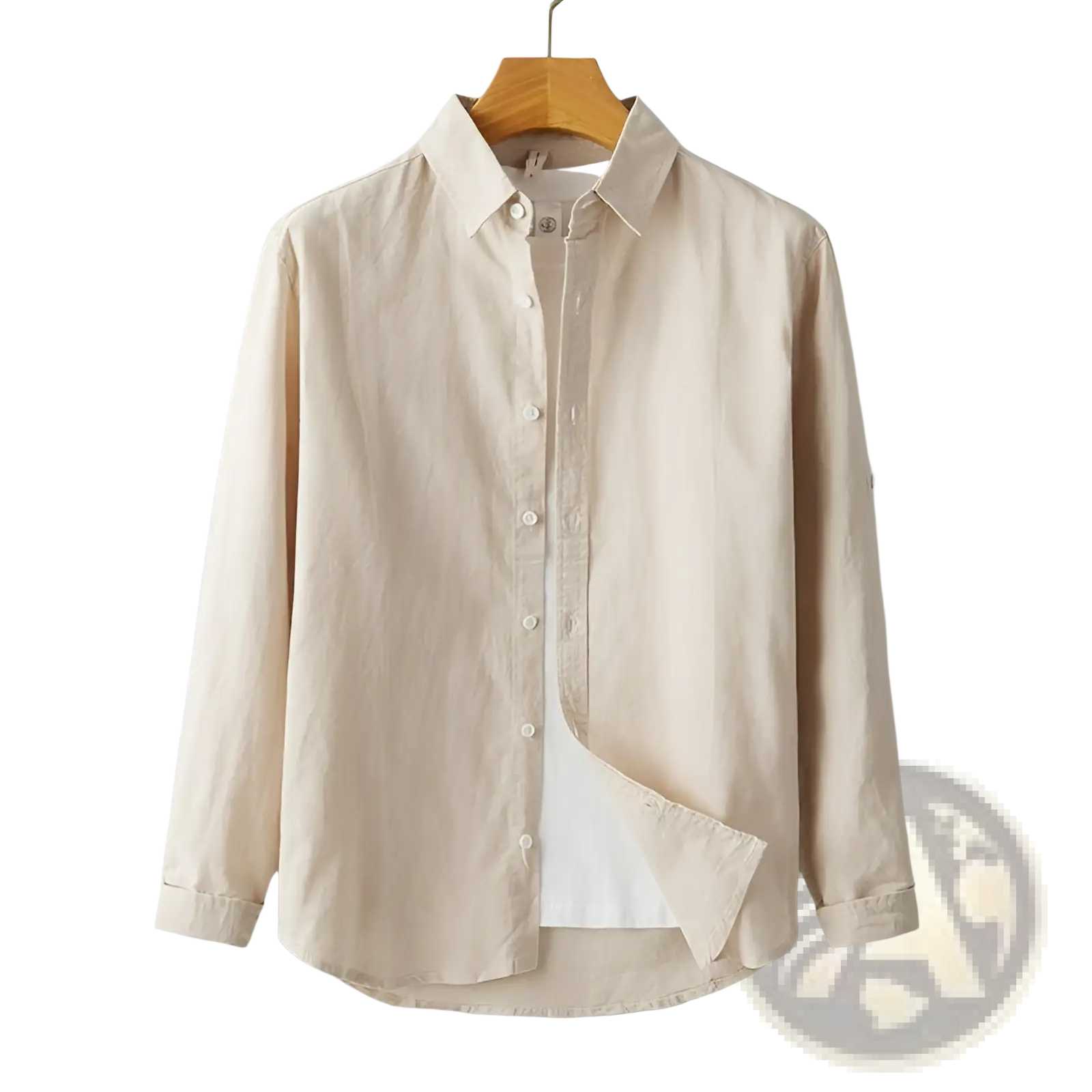 Beige men cotton linen casual long sleeve shirt with classic collar and neatly folded cuffs
