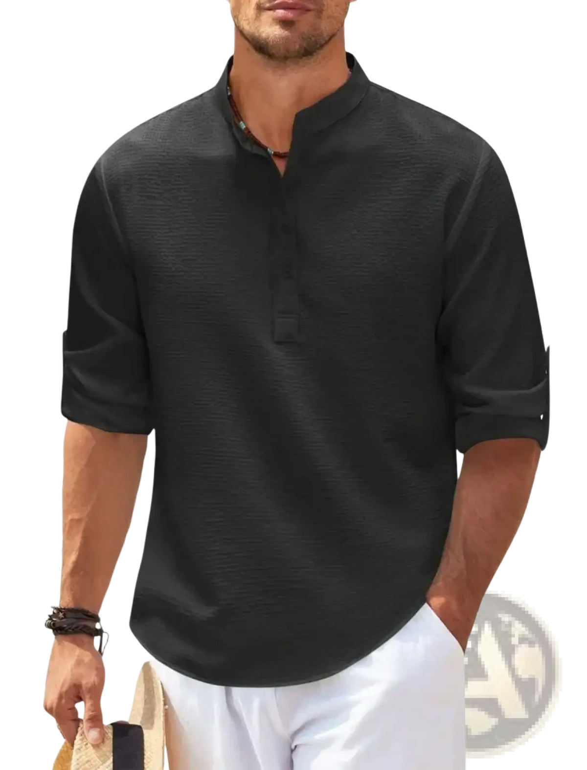 Black cotton linen casual men shirt with short sleeves mandarin collar and rolled cuffs textured fabric