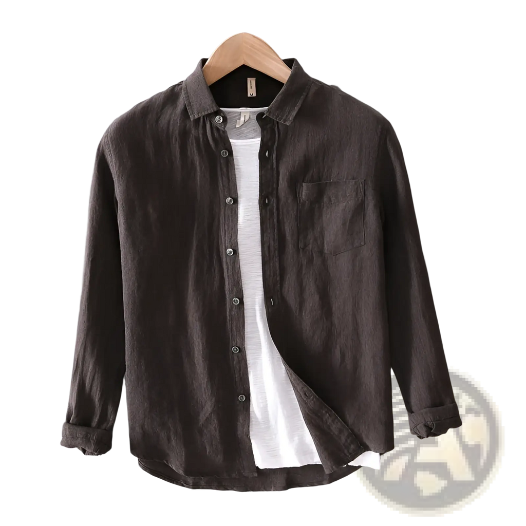 Men cotton linen casual long sleeve shirt in dark gray with subtle texture classic collar and chest pocket