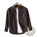 Men cotton linen casual long sleeve shirt in dark gray with subtle texture classic collar and chest pocket