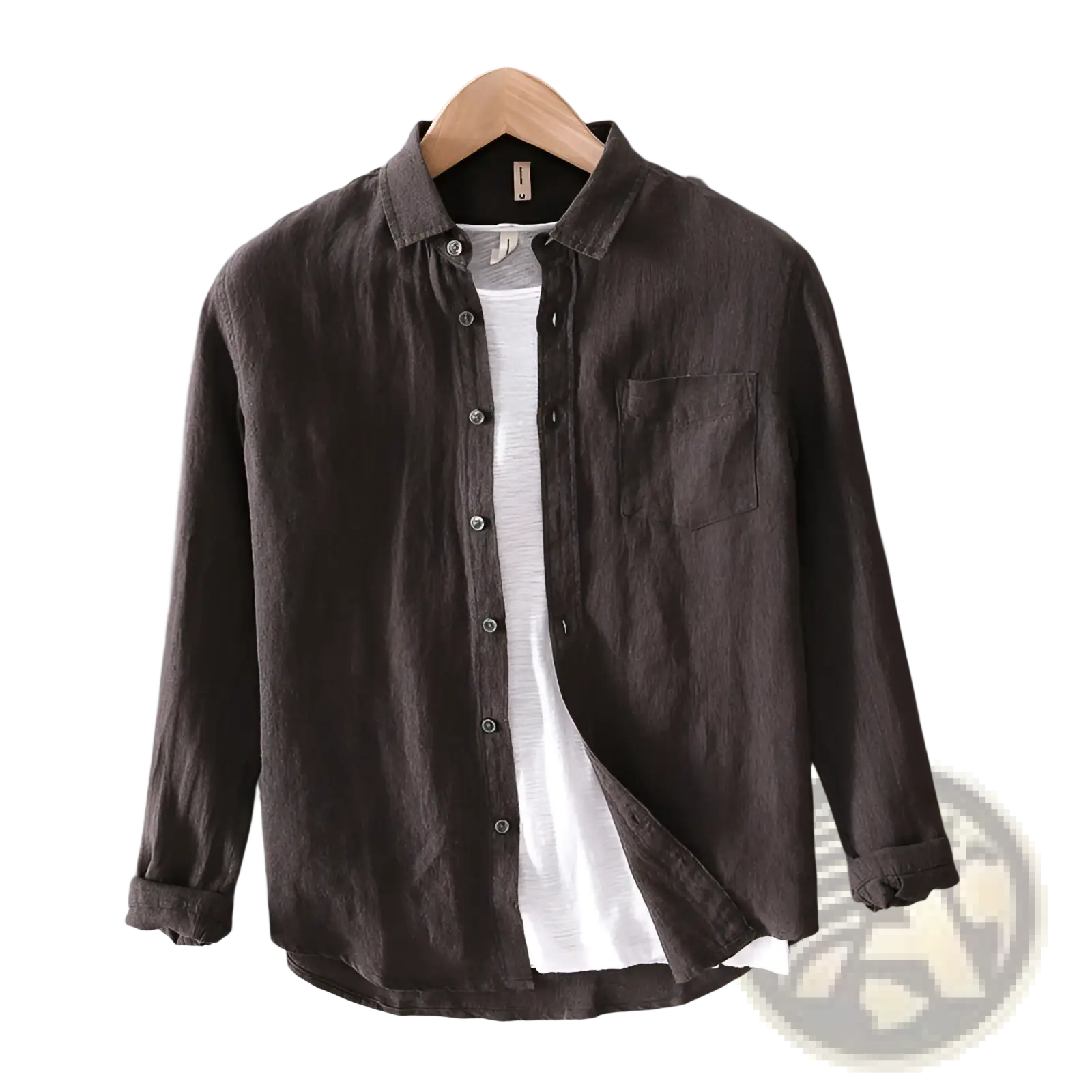 Men cotton linen casual long sleeve shirt in dark gray with subtle texture classic collar and chest pocket