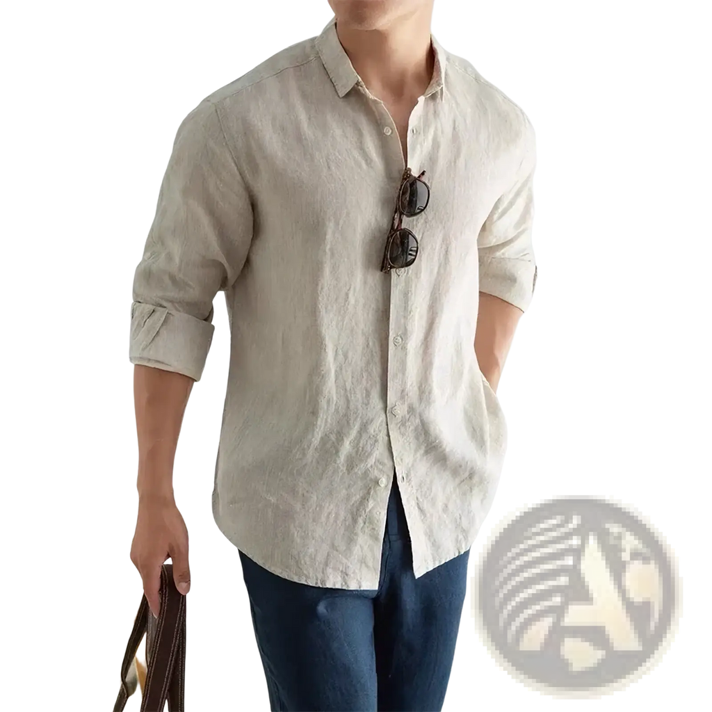 Men cotton linen casual long sleeve shirt in beige with button down front rolled sleeves and subtle textured weave