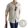Men cotton linen casual long sleeve shirt in beige with button down front rolled sleeves and subtle textured weave