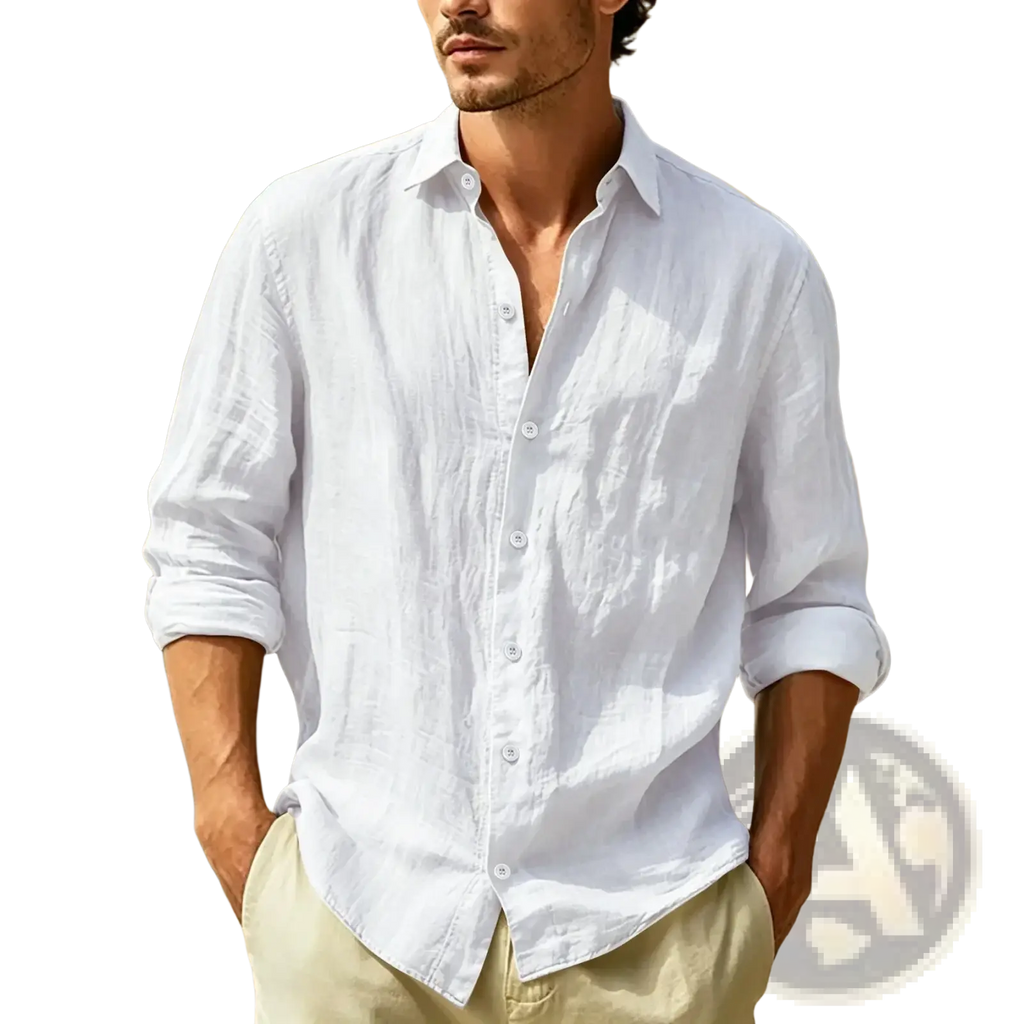 Men cotton linen casual long sleeve shirt in white with button down front and rolled up sleeves for relaxed fit