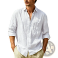 Men cotton linen casual long sleeve shirt in white with button down front and rolled up sleeves for relaxed fit