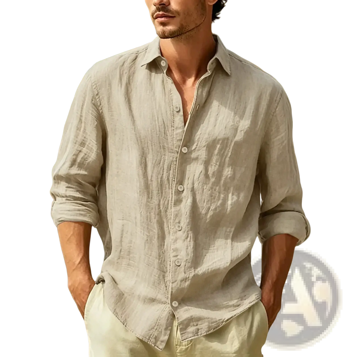 Men cotton linen casual long sleeve shirt in light beige textured fabric with button down front and rolled up sleeves