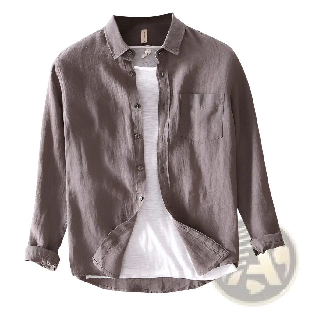 Men cotton linen casual long sleeve shirt in textured muted gray fabric with classic collar and chest pocket