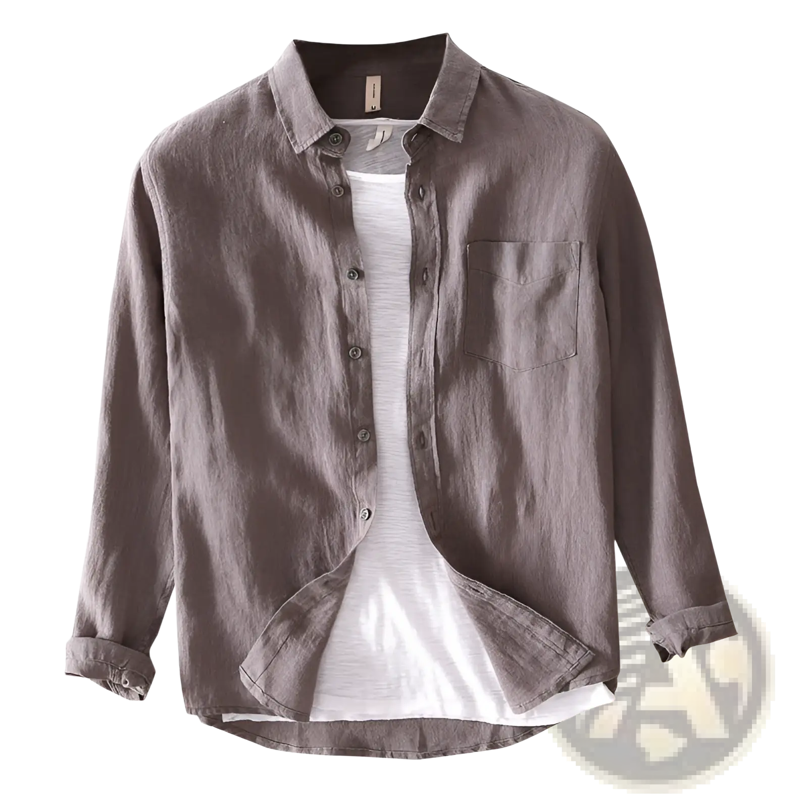 Men cotton linen casual long sleeve shirt in textured muted gray fabric with classic collar and chest pocket
