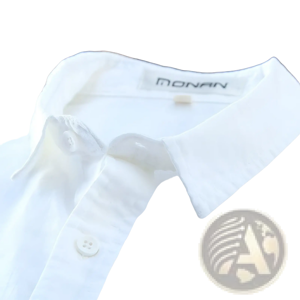White cotton linen casual long sleeve shirt with classic collar and subtle texture featuring nonan brand label