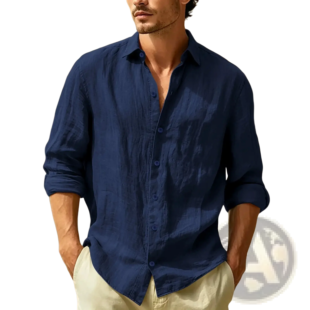 A navy blue cotton linen casual long sleeve shirt with button-down front and rolled-up sleeves for men
