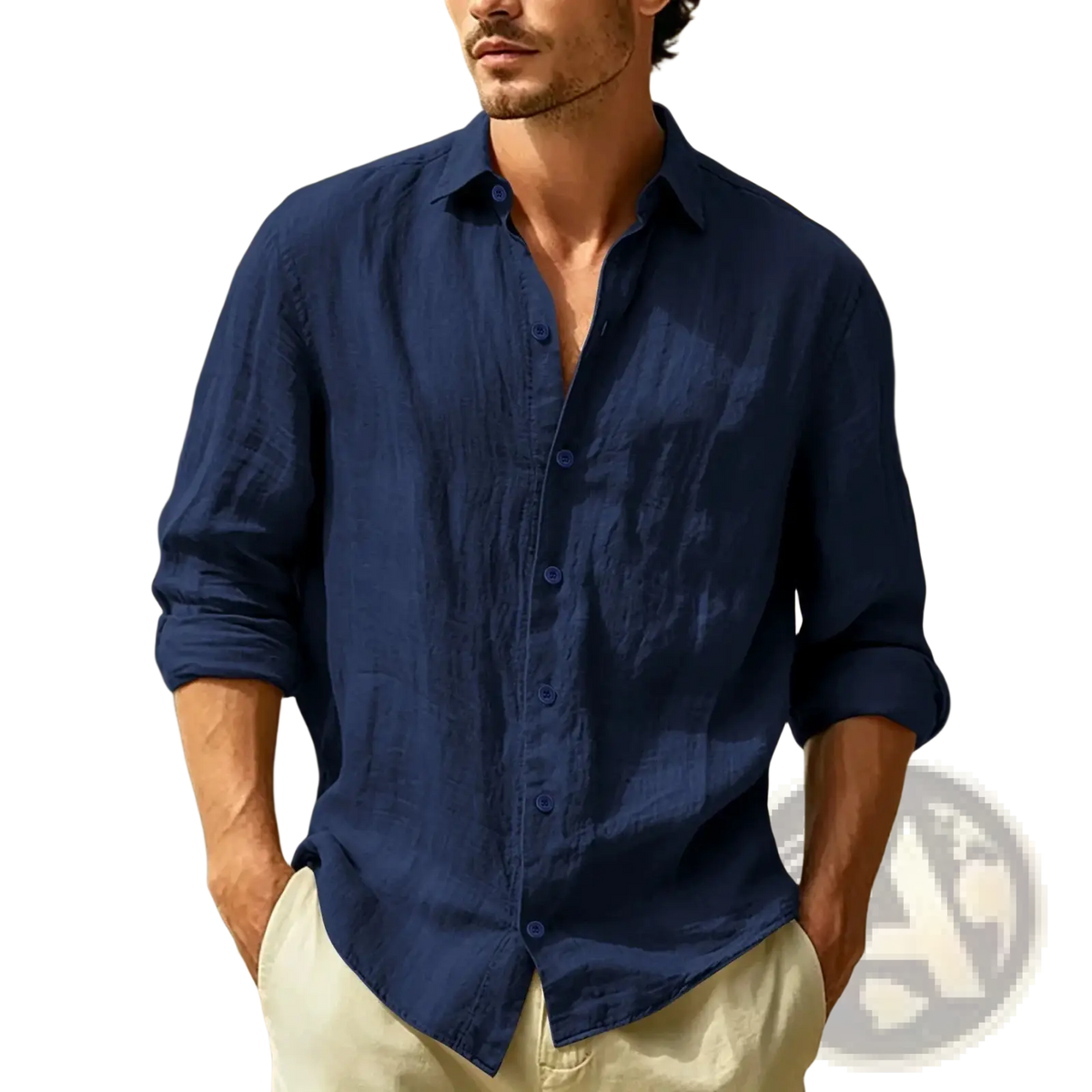 A navy blue cotton linen casual long sleeve shirt with button-down front and rolled-up sleeves for men