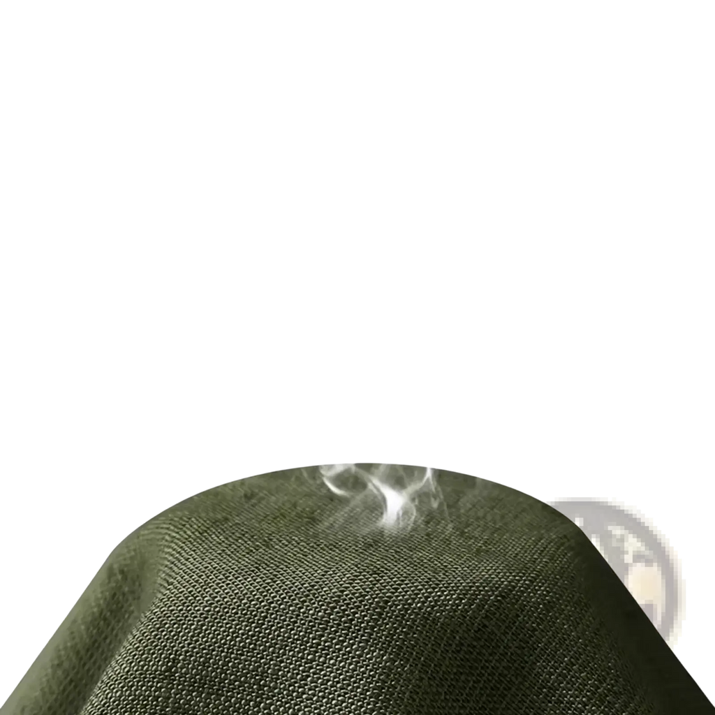 Olive green woven fabric hat with smoke rising from the top shown with men cotton linen casual long sleeve shirt