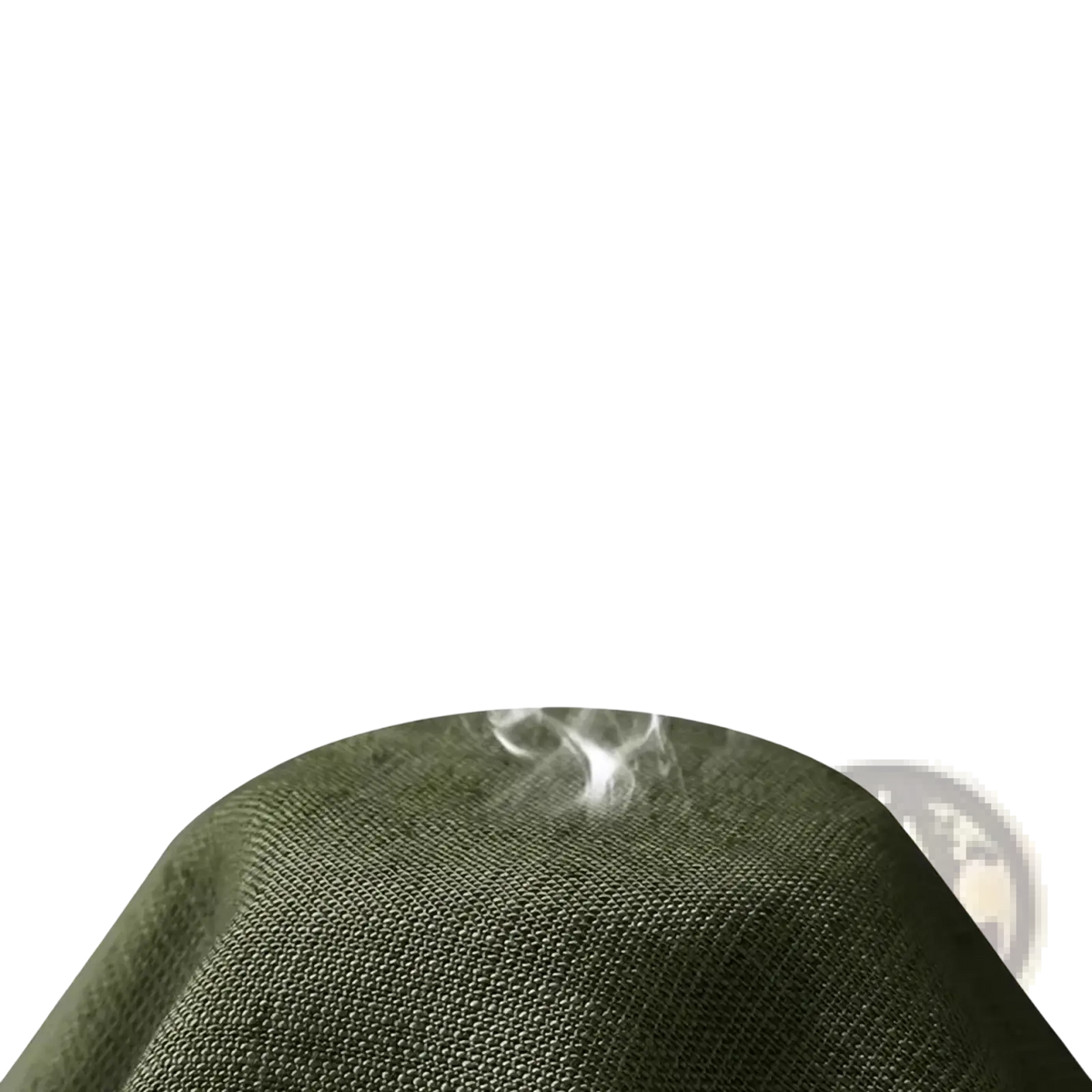 Olive green woven fabric hat with smoke rising from the top shown with men cotton linen casual long sleeve shirt