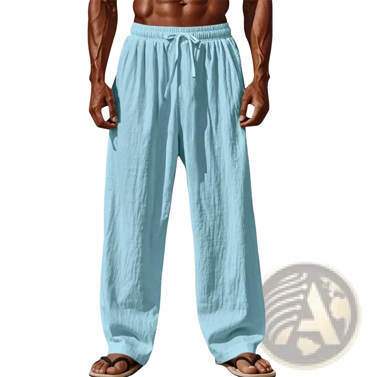 Light blue men cotton linen casual pants with loose straight leg fit and drawstring waist for comfort