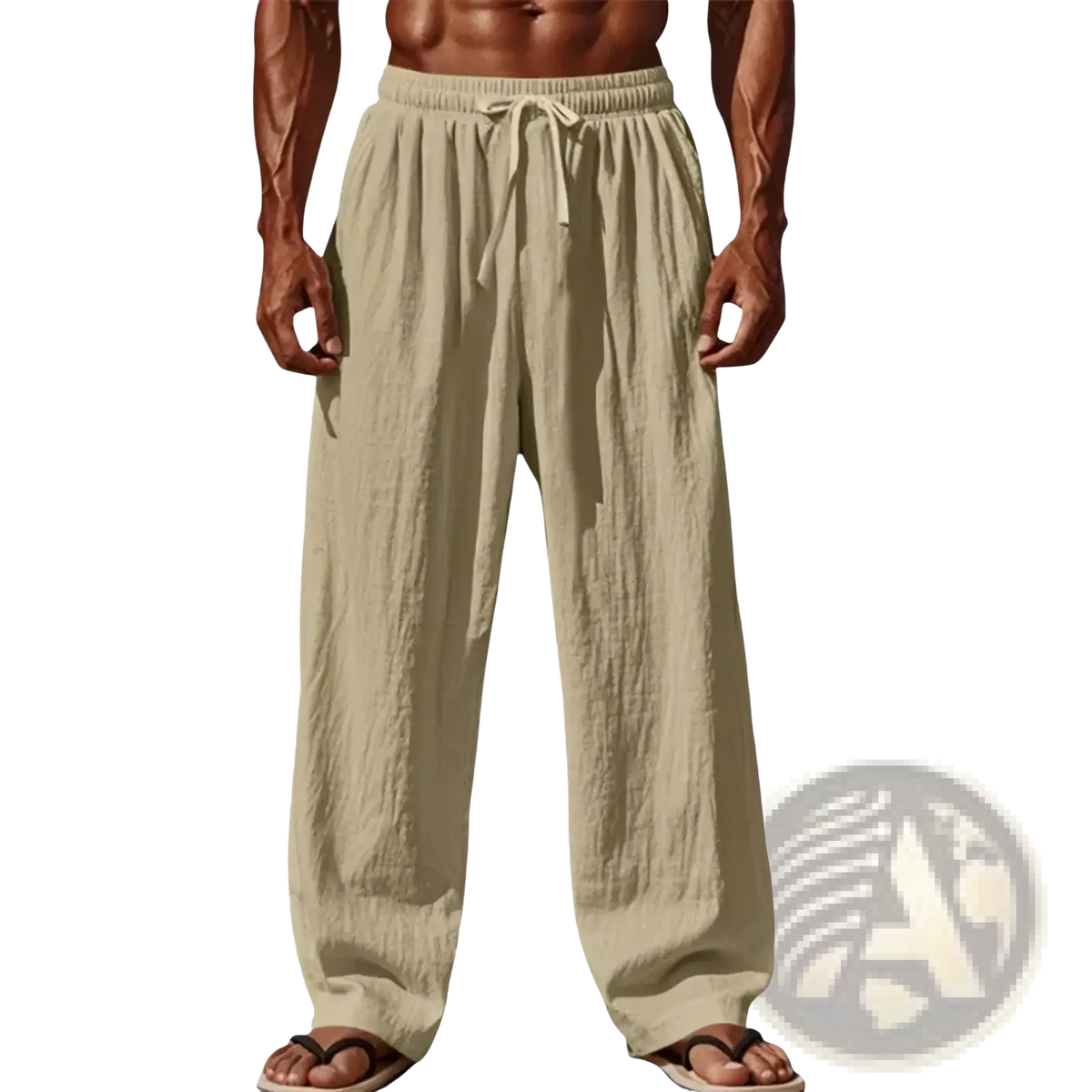 Men cotton linen casual beige pants with drawstring waist and loose flowing straight leg fit